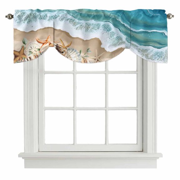 Summer Beach Tie Up Valances Curtain, Spray Ocean Waves Adjustable Rod Pocket Short Window Treatment Tie Up Curtains Valances for Kitchen Living Room Bathroom 54x18 Inches