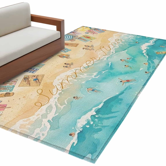 Summer Beach Time Area Rug 4x6 Washable Rug Non Slip Ocean Waves Leisure Time Sandy Large Area Rug Indoor Floor Carpet for Entryway Bedroom Kitchen Living Room Home Office Dining Room Nursery