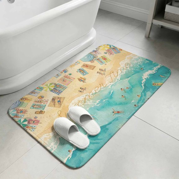 Summer Beach Time Bathroom Rugs Non Slip Washable Bath Mat Absorbent Low Pile Front Door Mat Ocean Waves Leisure Time Sandy Indoor Doormat for Kitchen Entryway Shower Decor Accessories 15.7"x23.6"