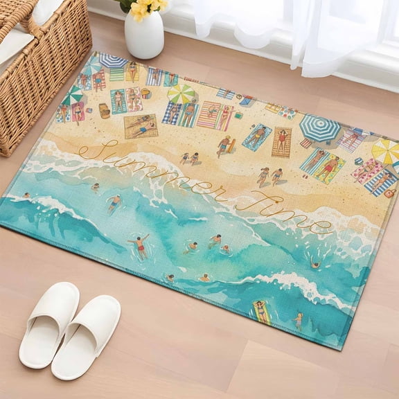 Summer Beach Time Entryway Rug 2'x3'&nbsp; Non Slip Front Door Mats, Ocean Waves Leisure Time Sandy Entrance Rugs Indoor Outdoor Carpet, Washable Floor Mats Small Area Rug for Bedroom Kitchen