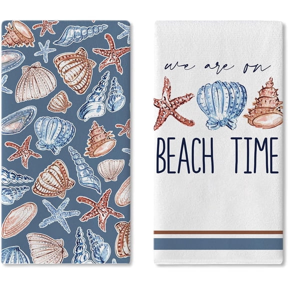 Summer Beach Time Kitchen Dish Towels Set of 2, Coastal Sea Shell Conch Starfish Drying Hand Towel Baking Cooking Cloth, Nautical Ocean Marine Bathroom Home Decoration 18'' x 26''