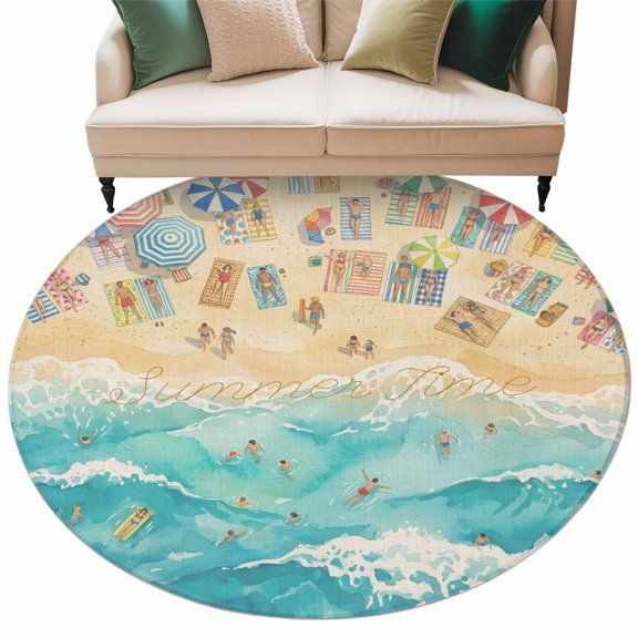 Summer Beach Time Round Rug 7ft Washable Circle Rugs Non Slip Ocean Waves Leisure Time Sandy Large Area Rug Indoor Floor Carpet for Bedroom Kitchen Living Room Home Office Dining Room Nursery
