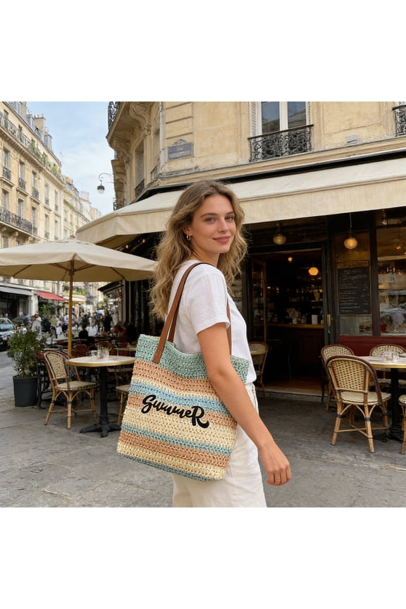 Summer Beach Tote Bag, Crochet Embroidered Woven Straw Shoulder Bag with Large Open Top and Comfortable Handles, Lightweight and Stylish for Travel Vacation and Daily Summer Outfits