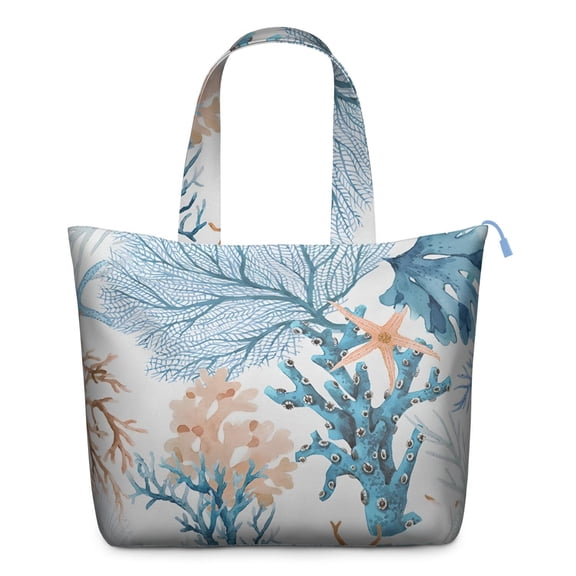 Summer Beach Travel Bag - Spacious Zipper Tote with Seahorse & Seashells Design, Lightweight & Organized for Women on the Go