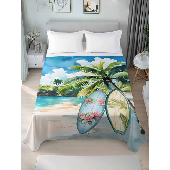 Summer Beach Twim Size Flat Sheet, Wrinkleproof & Fadeproof Cooling Flat Bed Sheet Only, Tropical Coastal Palm Tree Surfboard Breathable Soft Bedding Top Sheets 66 x 96 Inches