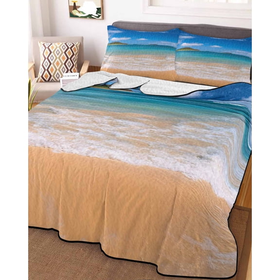 Summer Beach Twin Size Down Alternative Comforter, Lightweight Comforter Quilt Bedding Set with Pillow Shams Coastal Seaside Ocean Vacation All Seasons Bed Comforter Duvet Insert 68"x86"