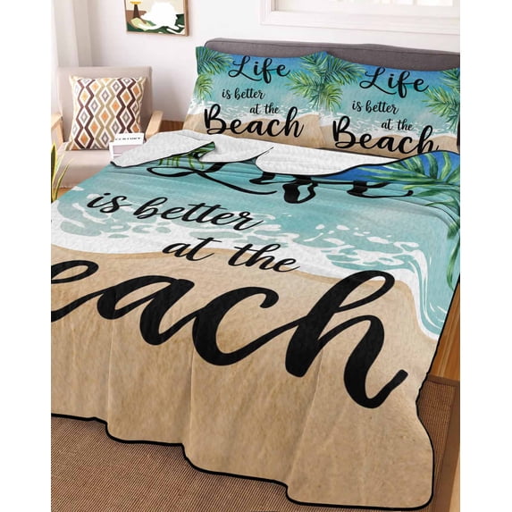 Summer Beach Twin Size Down Alternative Comforter, Lightweight Comforter Quilt Bedding Set with Pillow Shams Watercolor Blue Ocean Green Palm Leaves All Seasons Bed Comforter Duvet Insert 68"x86"