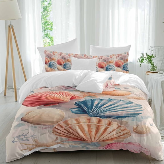 Summer Beach Twin Size Comforter Set, Colorful Seashell Vintage Coastal Bedding for All Seasons, 4 Pcs Bed Set, 1 Quiltcover (68"x86") ,1Sheet(67"x116"), 2Pillowcases (30"x20")