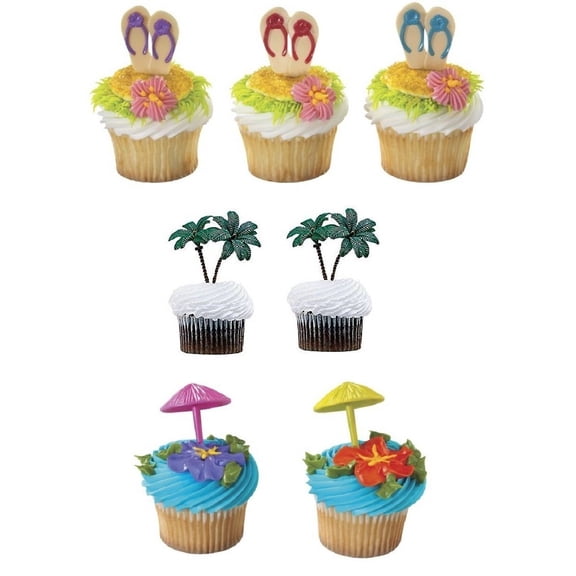 Summer Beach Umbrella Flip Flop and Palm Tree Cupcake Toppers- 24 count