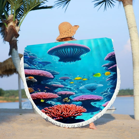 Summer Beach Vacation Essentials Djunllk Round Beach Towel - Ocean Theme Oversized Microfiber Excellent Softness Beach Blanket Waterproof Sandproof Towel Shawl for Women Adult Swim Pool Yoga