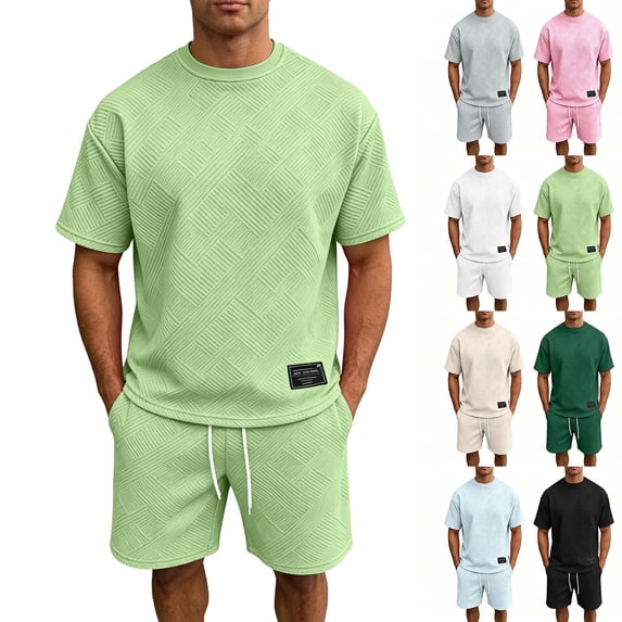 Summer Beach Vacation Outfit Set Men's Solid Color T-Shirt Short Sleeve And Drawstring Elastic Waist Shorts Casual Set Suit Mint Green Xxxxl
