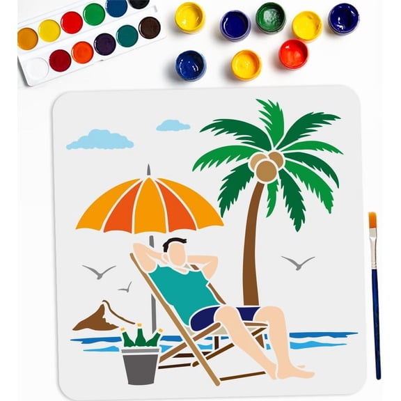 Summer Beach Vacation Stencil 11.811.8inch Large Sea Coconut Tree Stencils with Paint Brush Ocean Hawaii Seagulls Clouds Waves Template