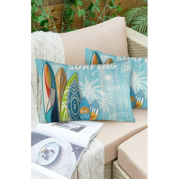 Summer Beach Vacation Surfboard on Blue Wood Outdoor Pillow Covers Waterproof Throw Pillow Cover 20x12 Set of 2,Decorative Pillowcases Cushion Case for Patio Sofa Couch,Seaside Palm Tree RVs