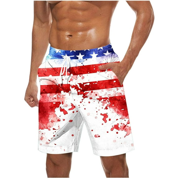 Summer Beach Vacation Swimming Shorts American Stars and Stripes Graphic Board Shorts Elastic Drawstrings Bathing Suit 4th July Festival Short Pants