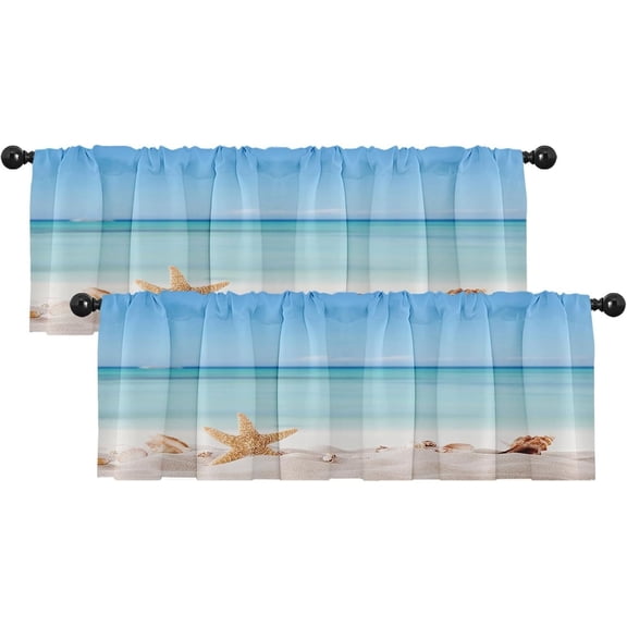 Summer Beach Valances for Windows 2 Pack, Sea Shells Starfish Blue Blackout Adjustable Valances for Living Room Bathroom Bedroom Kitchen Over Sink, 18x52 Inch Rod Pocket Valances