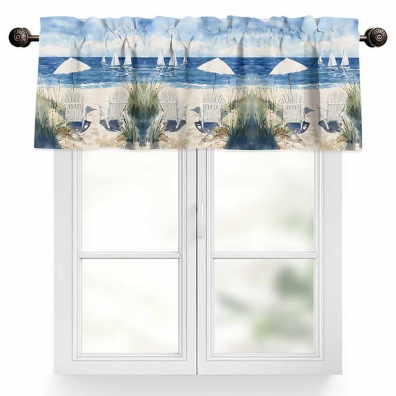 Summer Beach Valances for Windows, 54 x 18in, Sun Umbrella Ship Watercolor Beach Chair Rod Pocket Kitchen Valance Curtain Light Filtering Window Treatments for Living Room Bedroom, 1 Panel