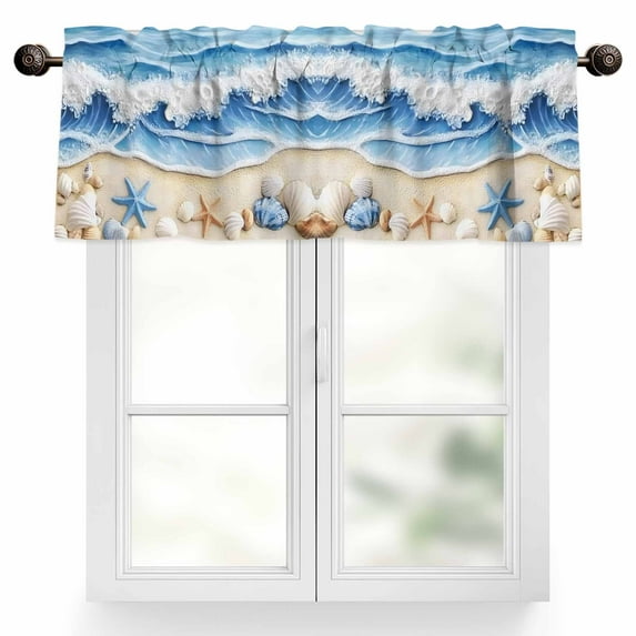 Summer Beach Valances for Windows, 60 x 18in, Seashell Starfish Nautical Coastal Rod Pocket Kitchen Valance Curtain Light Filtering Window Treatments for Living Room Bedroom, 1 Panel