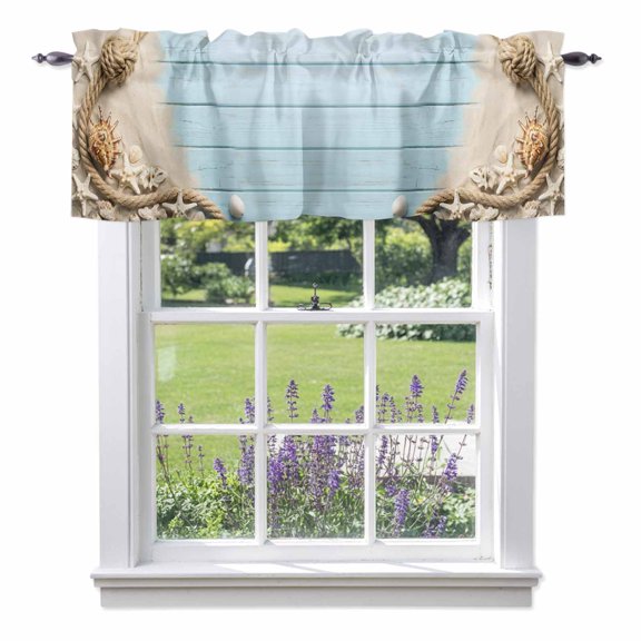 Summer Beach Valances for Windows, Blue Wood Grain Country Starfish Conch Sand Rope Rod Pocket Valance Short Window Treatments Curtains for Kitchen Bathroom Bedroom Decor, 42 x 12 Inches