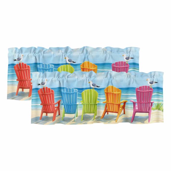 Summer Beach Valances for Windows, Decorative Rod Pocket Window Valance Curtains, Retro Blue Green Coast Waves Oil Painting Short Curtain Drapes for Kitchen/Living Room, 2 Panels, 42" W x 12" L