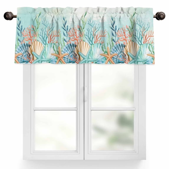 Summer Beach Valances for Windows Green Ocean Colorful Coral Shell Seaweed Starfish Valance Curtains Rod Pocket Bathroom Small Window Treatments for Kitchen Living Room Bedroom, 42"x12"
