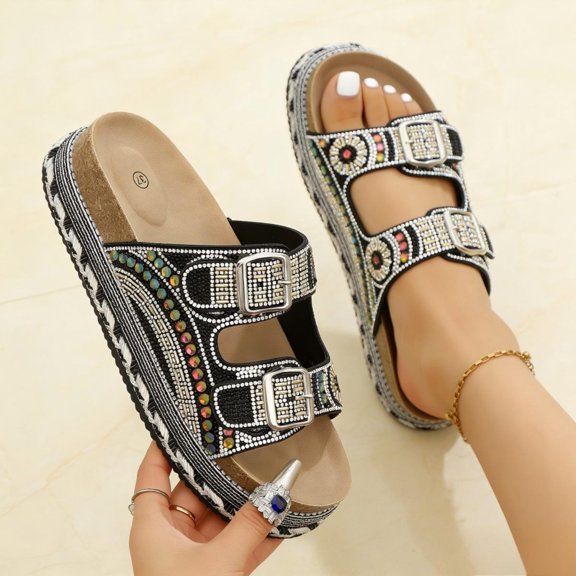 Summer Beach Walking Sandals for Women, Cork Footbed Slip On Slides with Arch Support