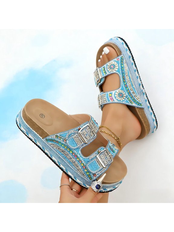 Summer Beach Walking Sandals for Women, Cork Footbed Slip On Slides with Arch Support