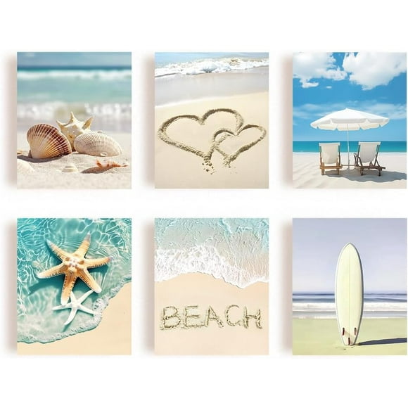 Summer Beach Wall Art Prints Seaside Landscape Wall Painting Unframed Realism Seaside Canvas Starfish Surfing Wall Art for Living Room Bedroom Wall Decoration Set of 6 UNFRAMED