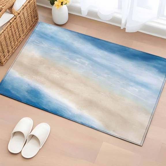 Summer Beach Washable Area Rug 2 x 3 ft Dark Blue Gradient Ocean Wave Beige Sand Abstract, Soft Non Slip Rugs Stain Repellent Indoor Felt Carpet for Living Dining Room Bedroom Home Office