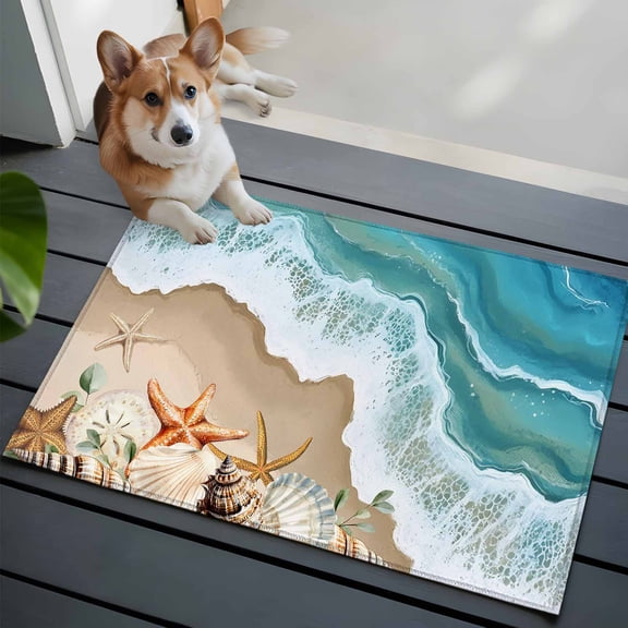 Summer Beach Washable Area Rug 2x3 Spray Ocean Waves Sand Seashell Starfish Low-Profile Area Rugs with Non Slip Backing Indoor Floor Carpet for Entrance Living Room Bedroom Home Office