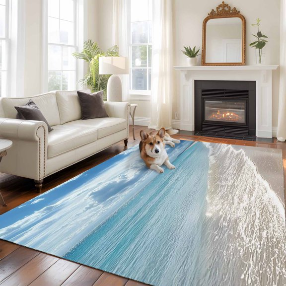 Summer Beach Washable Area Rug 5x8 Ocean Waves Sky Cloud Scenery Shore Low-Profile Large Area Rugs with Non Slip Backing Indoor Floor Carpet for Entrance Living Room Bedroom Home Office