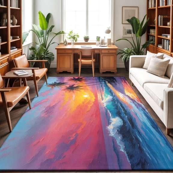 Summer Beach Washable Area Rug 8 x 10 ft Tropical Palm Trees Sunset Waves Nature, Soft Non Slip Rugs Stain Repellent Indoor Felt Carpet for Living Dining Room Bedroom Home Office