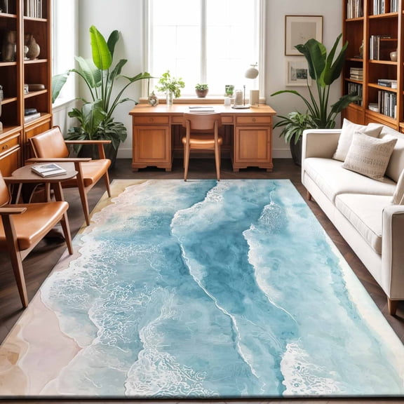 Summer Beach Washable Area Rug 9 x 12 ft Blue Coastal Nautical Ocean Wave, Soft Non Slip Rugs Stain Repellent Indoor Felt Carpet for Living Dining Room Bedroom Home Office