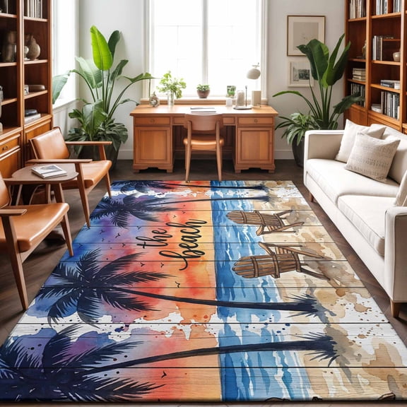 Summer Beach Washable Area Rug 9 x 12 ft Coastal Ocean Red Sunset Coconut Trees Chair, Soft Non Slip Rugs Stain Repellent Indoor Felt Carpet for Living Dining Room Bedroom Home Office