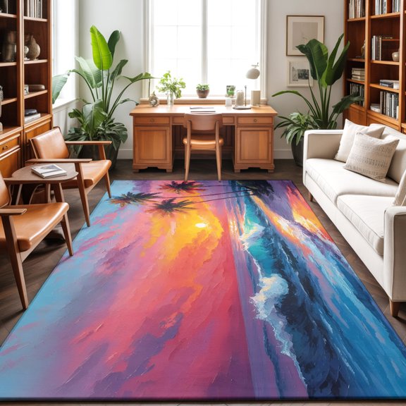 Summer Beach Washable Area Rug 9 x 12 ft Tropical Palm Trees Sunset Waves Nature, Soft Non Slip Rugs Stain Repellent Indoor Felt Carpet for Living Dining Room Bedroom Home Office
