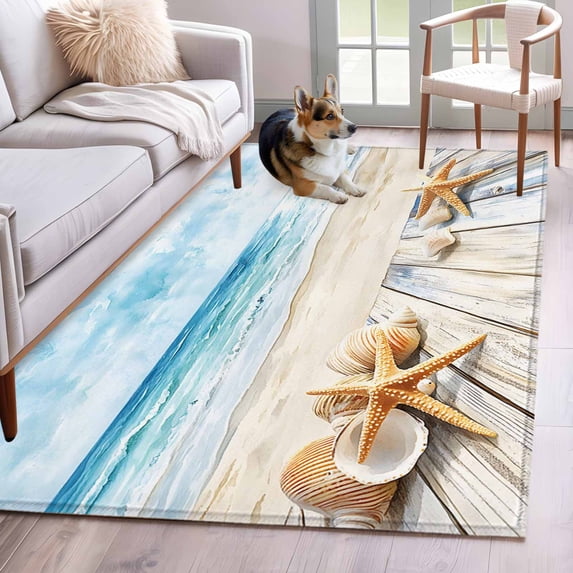 Summer Beach Washable Area Rugs 2.7'x5', Ocean Starfish Shell Plank Nautical Low Pile Throw Living Room Rug Non-Slip Sturdy Edge Binding Carpet for Indoor Entryway Bedside Kitchen