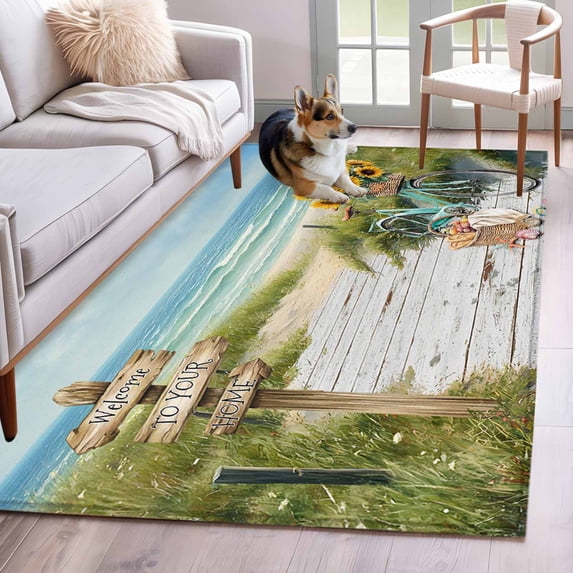 Summer Beach Washable Area Rugs 3'x5', Bike Sunflower Vacation Low Pile Throw Living Room Rug Non-Slip Sturdy Edge Binding Carpet for Indoor Entryway Bedside Kitchen