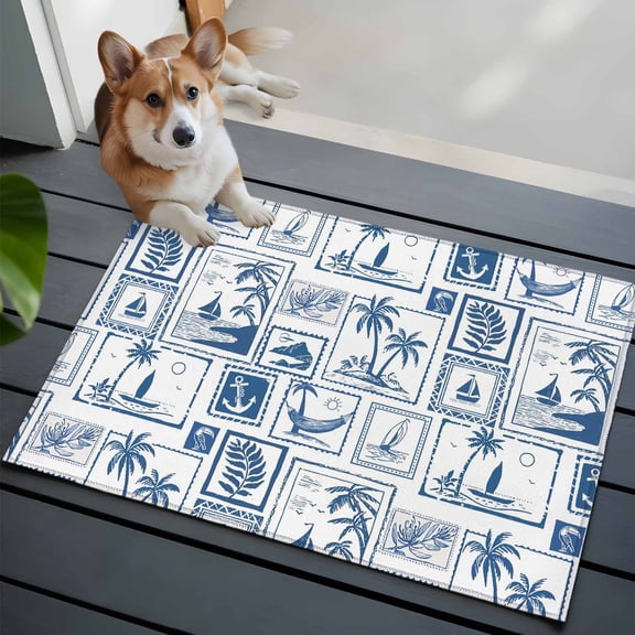 Summer Beach Washable Entry Rug 2x3 Tropical Coconut Tree Anchor Boat White Plaid Low Pile Indoor Door Mat with Rubber Backing Thin Area Rug for for Entrance, Bedroom, Kitchen, Laundry, Bathroom