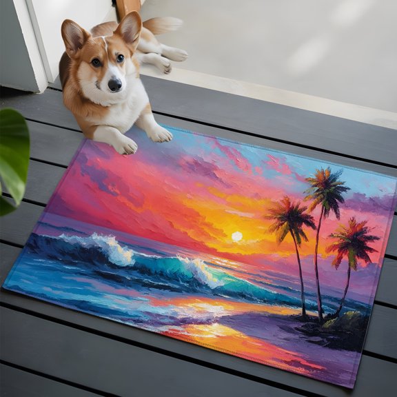 Summer Beach Washable Entry Rug 2x3 Tropical Palm Trees Sunset Waves Nature Low Pile Indoor Door Mat with Rubber Backing Thin Area Rug for for Entrance, Bedroom, Kitchen, Laundry, Bathroom