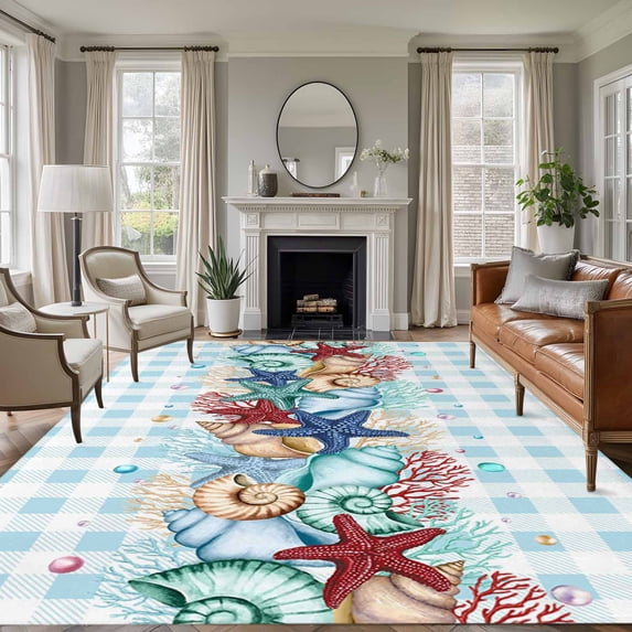 Summer Beach Washable Living Room Rugs 5'x8', Starfish Shell Coral Coastal Vintage Blue Plaid Low Pile Throw Large Area Rug Non-Slip Sturdy Edge Binding Carpet for Living Room Kitchen Office