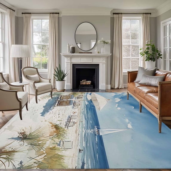 Summer Beach Washable Living Room Rugs 6'x9', Sun Umbrella Holiday Low Pile Throw Large Area Rug Non-Slip Sturdy Edge Binding Carpet for Dining Room Kitchen Office