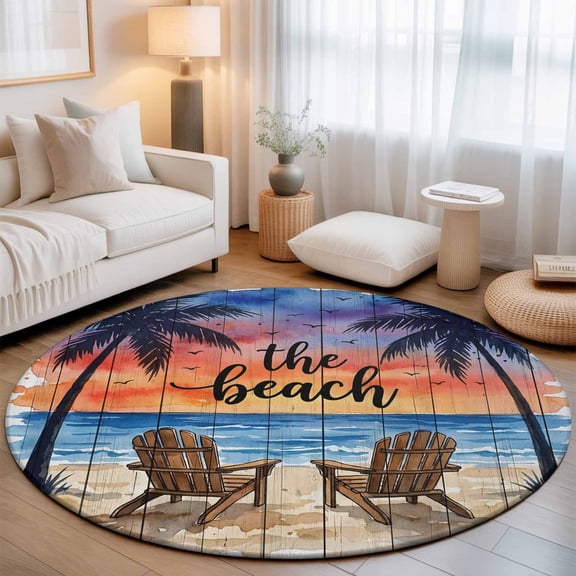 Summer Beach Washable Round Area Rug 3 ft, Coastal Ocean Red Sunset Coconut Trees Chair, Soft Non Slip Rugs Stain Repellent Indoor Felt Carpet for Living Dining Room Bedroom Home Office