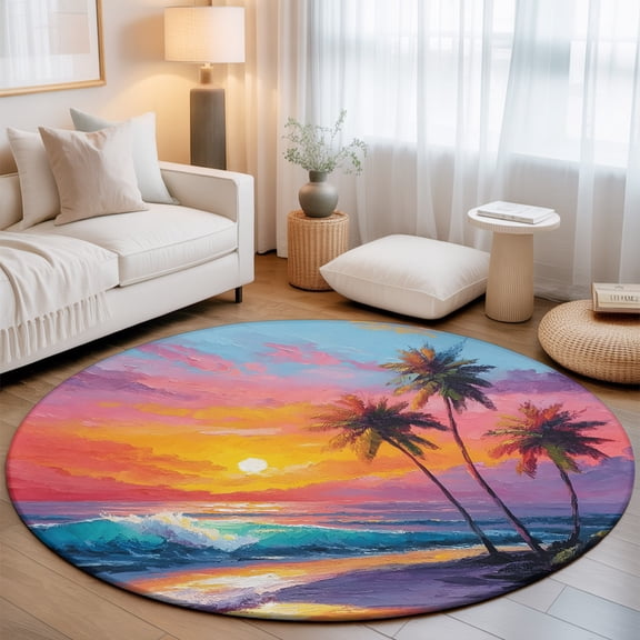 Summer Beach Washable Round Area Rug 3 ft, Tropical Palm Trees Sunset Waves Nature, Soft Non Slip Rugs Stain Repellent Indoor Felt Carpet for Living Dining Room Bedroom Home Office
