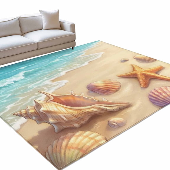 Summer Beach Washable Rug 8x10 Area Rug for Living Room Bedroom Non Slip Indoor Floor Rectangle Carpet Large Coastal Ocean Waves Sandy Conch Starfish Entryway Rugs for Dining Room Office Home