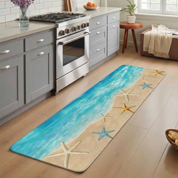 Summer Beach Washable Runner Rug 2X5 ft Blue Ocean Wave Starfish Seaside Sand Scenery Non-Slip Hallway Runner Rug, Linen Kitchen Runner Mats, Indoor Floor Carpet for Entryway Bathroom Bedroom