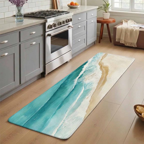 Summer Beach Washable Runner Rug 3X5 ft Abstract Teal Beige Gradient Waves Sand Non-Slip Hallway Runner Rug, Linen Kitchen Runner Mats, Indoor Floor Carpet for Entryway Bathroom Bedroom Living Room