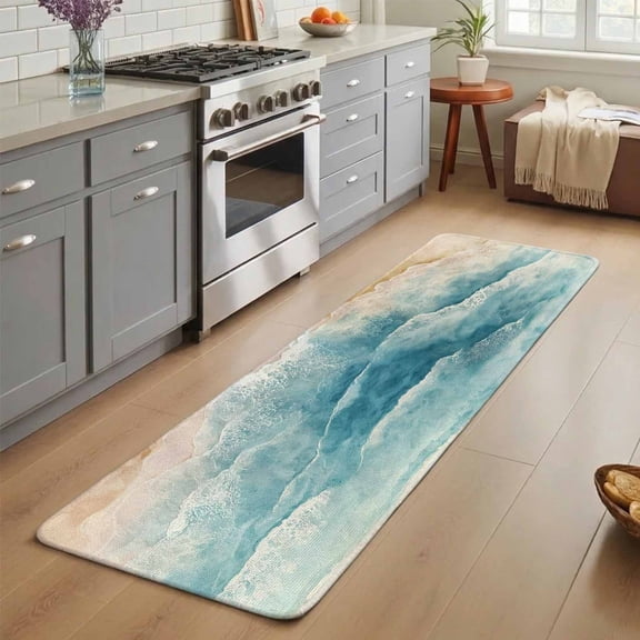 Summer Beach Washable Runner Rug 3X7 ft Blue Coastal Nautical Ocean Wave Non-Slip Hallway Runner Rug, Linen Kitchen Runner Mats, Indoor Floor Carpet for Entryway Bathroom Bedroom Living Room