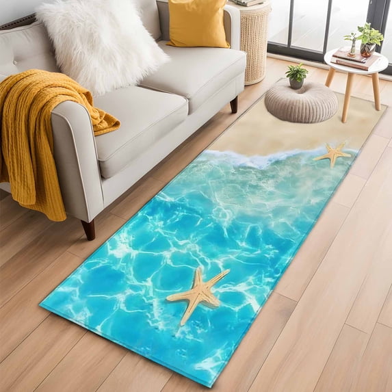 Summer Beach Washable Runner Rugs 2'x6', Blue Teal Ocean Waves Beige Sand Starfish Shells Low Pile Throw Entryway Rug Non-Slip Sturdy Edge Binding Carpet for Indoor Bedside Entrance Bedside