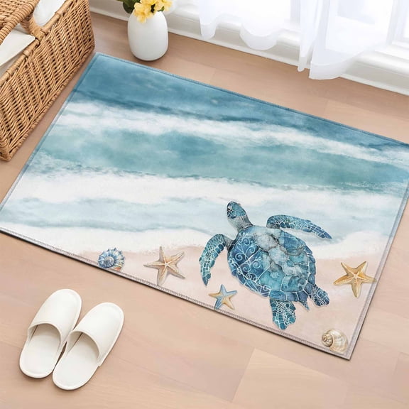 Summer Beach Washable Small Entryway Area Rugs 2'x3', Abstract Gradient Green Ocean Waves Turtle Starfish Low Pile Throw Rug Non-Slip Sturdy Edge Binding Carpet for Front Door Floor Room Entry