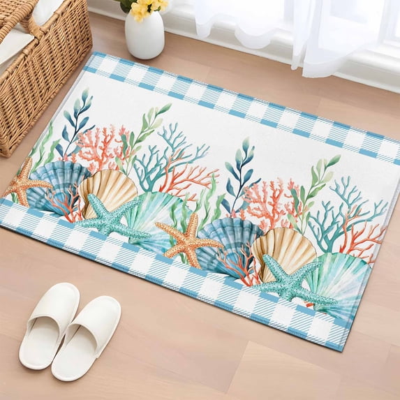 Summer Beach Washable Small Entryway Area Rugs 2'x3', Ocean Colorful Coral Shell Starfish Seaweed Blue Plaid Low Pile Throw Rug Non-Slip Sturdy Edge Binding Carpet for Front Door Floor Room Entry