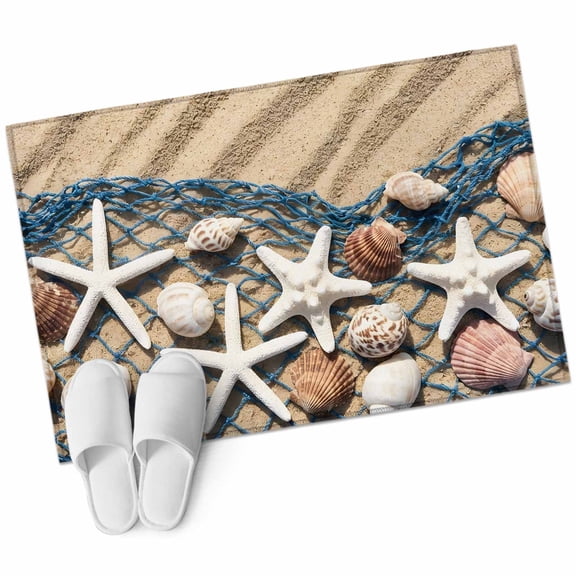 Summer Beach Washable Small Entryway Area Rugs 2'x3', Seaside Starfish Shell Fishing Net Conch Sand Low Pile Throw Rug Non-Slip Sturdy Edge Binding Carpet for Front Door Floor Room Entry